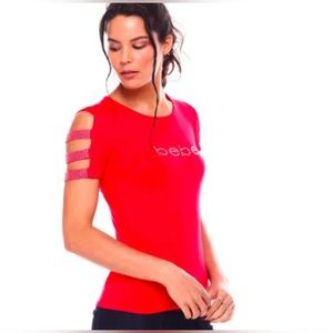 Bebe Women's Logo Cutout Jersey Rhinestone Tee Red